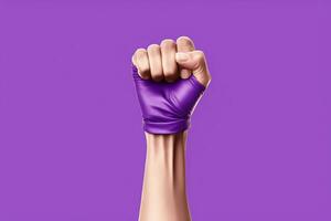 ai generado elevado púrpura puño de un mujer para internacional mujer día y el feminista movimiento marzo 8 para feminismo foto