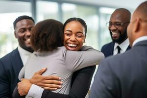 ai generado medio Disparo sonriente negocio equipo abrazando cada otro en moderno oficina foto