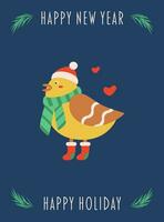 Postcard with text happy new year, Christmas tree branch, bird in a cap, scarf, and boots. vector