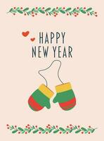 Postcard with text happy new year, gloves with an elastic band. vector