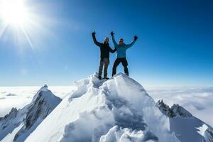 ai generado caminante con un mochila en pie en el parte superior de el nieve cubierto montaña viaje concepto foto