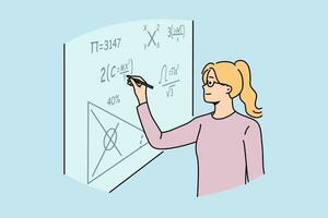 Girl student of mathematical school writes formulas on blackboard, solving complex equations at algebra olympiad. Young woman is fond of mathematics and study at university or college for education vector