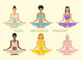 Women s Yoga, Young girls in sports Uniforms, Different Nationalities, meditating young healthy women. Harmony health. Set Vector illustration. Design For yoga studio or website, business cards.