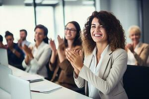 AI generated business team clapping as an audience at a conference or seminar. Meeting with a group of colleagues or employees cheering on an achievement photo