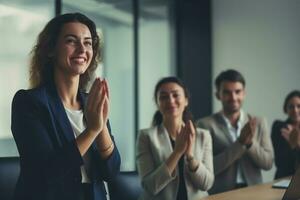 AI generated business team clapping as an audience at a conference or seminar. Meeting with a group of colleagues or employees cheering on an achievement photo