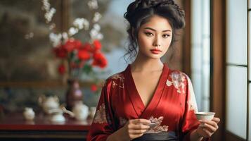 AI generated Woman in Red Kimono Holds Cup photo