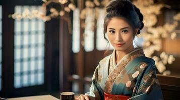 ai generado mujer disfrutando un taza de café a un mesa foto