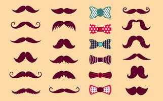 Set with various mustaches and bows. Cute collection of icons in flat style. Vector illustration with separate textures on items.