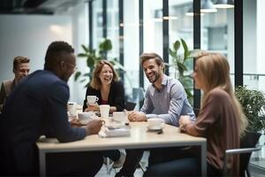 ai generado negocio personas en reunión en el cafetería. foto