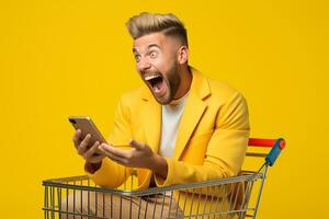 AI generated Young man sitting in shopping cart photo