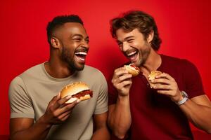 AI generated Young smiling happy friends group having burger isolated on red background studio portrait. photo