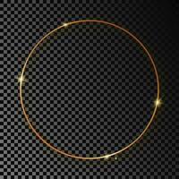 Gold glowing circle frame with shadow isolated on dark background. Shiny frame with glowing effects. Vector illustration.