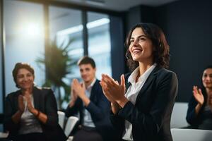 AI generated business team clapping as an audience at a conference or seminar. Meeting with a group of colleagues or employees cheering on an achievement photo