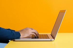AI generated businessman working on laptop on yellow background photo