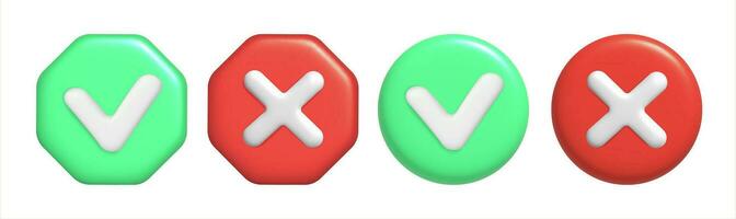 3d rendering of green check mark and red cross with round and hexagonal shape. Vector illustration of right and wrong button.