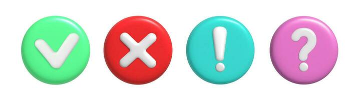 3d Control sign, warning, caution, cross . Realistic question mark, exclamation mark .Right and wrong 3D Button. Vector illustration