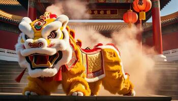 ai generado chino león danza en el templo foto