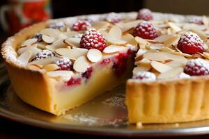 ai generado hornear tarta - originario en Inglaterra, un hornear tarta es un Pastelería lleno con frambuesa mermelada, almendra frangipano, y coronado con un capa de Formación de hielo foto