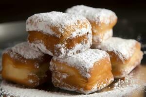 AI generated Beignets - Hailing from France but popular in New Orleans, beignets are deep-fried pastries made from dough, typically dusted with powdered sugar photo