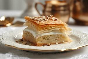 ai generado Borek - popular en turco y balcánico cocinas, Borek es un sabroso Pastelería hecho de Delgado capas de filo masa lleno con queso, espinaca, o picado carne foto