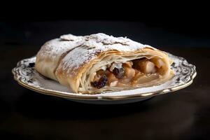 ai generado manzana strudel - saludar desde Austria, manzana strudel es un Pastelería lleno con finamente rebanado manzanas, Pasas, canela, y azúcar, a menudo servido calentar con vainilla salsa foto