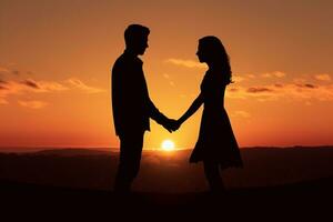 AI generated Silhouette of a loving couple holding hands and looking at the sunset. photo