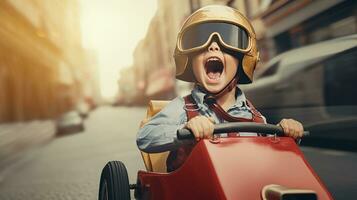 ai generado un niño unidades abajo el calle en un plataforma improvisada a lleno acelerador, riendo y gritando foto