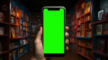 AI Generated Subjective view of a hand holding a mobile phone with greenscreen for changing the display content photo