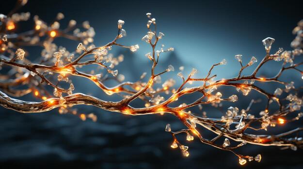 ai generado espumoso brillante rama con luces y borroso bokeh foto