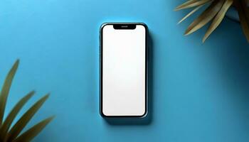 AI Generated top view of a mock up mobile phone on a blue background with plants photo