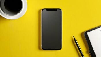 AI Generated Mobile phone mock up with pen and coffee cup on yellow surface photo