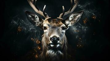 AI Generated a deer with large antlers looks directly into the karema against a black background photo