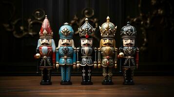 AI Generated 5 lovingly made and finely painted nutcrackers with great ornaments and decorations stand next to each other photo