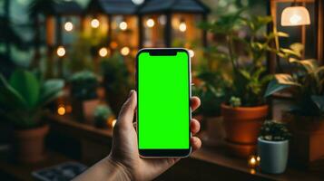 ai generado subjetivo ver de un mano participación un móvil teléfono con pantalla verde para cambiando el monitor contenido foto