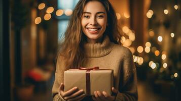 ai generado joven mujer es contento acerca de un regalo envuelto con un arco foto