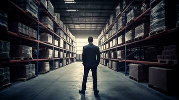 AI generated An entrepreneur stands in his warehouse and looks at the shelves photo