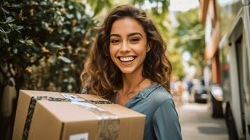 AI generated a young Asian woman looks into the camera and holds a package in her hand photo