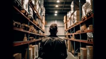 AI generated An entrepreneur stands in his warehouse and looks at the shelves photo