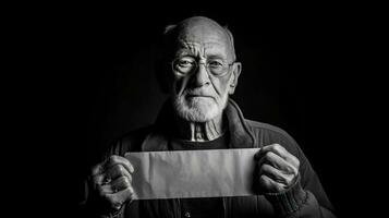 AI generated old man with neutral expression holds empty mock-up sign in hand to communicate something photo