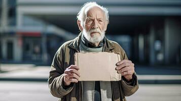 AI generated old man with neutral expression holds empty mock-up sign in hand to communicate something photo