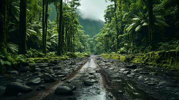 ai generado un montañoso sin asfaltar la carretera líder mediante el medio de el selva foto