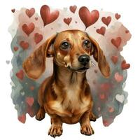AI generated dog on the background of hearts, watercolor graphics full of love for someone you love photo