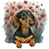 AI generated dog on the background of hearts, watercolor graphics full of love for someone you love photo