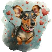 AI generated dog on the background of hearts, watercolor graphics full of love for someone you love photo