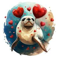 AI generated seal  on the background of hearts, watercolor graphics full of love for someone you love photo