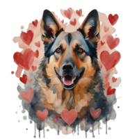 AI generated dog on the background of hearts, watercolor graphics full of love for someone you love png