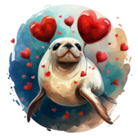 AI generated seal  on the background of hearts, watercolor graphics full of love for someone you love png