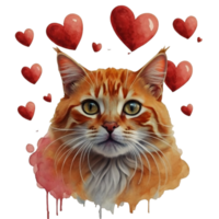 AI generated cat on the background of hearts, watercolor graphics full of love for someone you love png