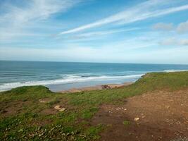 Scenic coastal landscape with lush greenery, sandy shore, and tranquil blue sea under a clear sky. photo