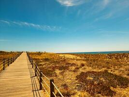 Wooden boardwalk by the beach with clear blue sky. photo